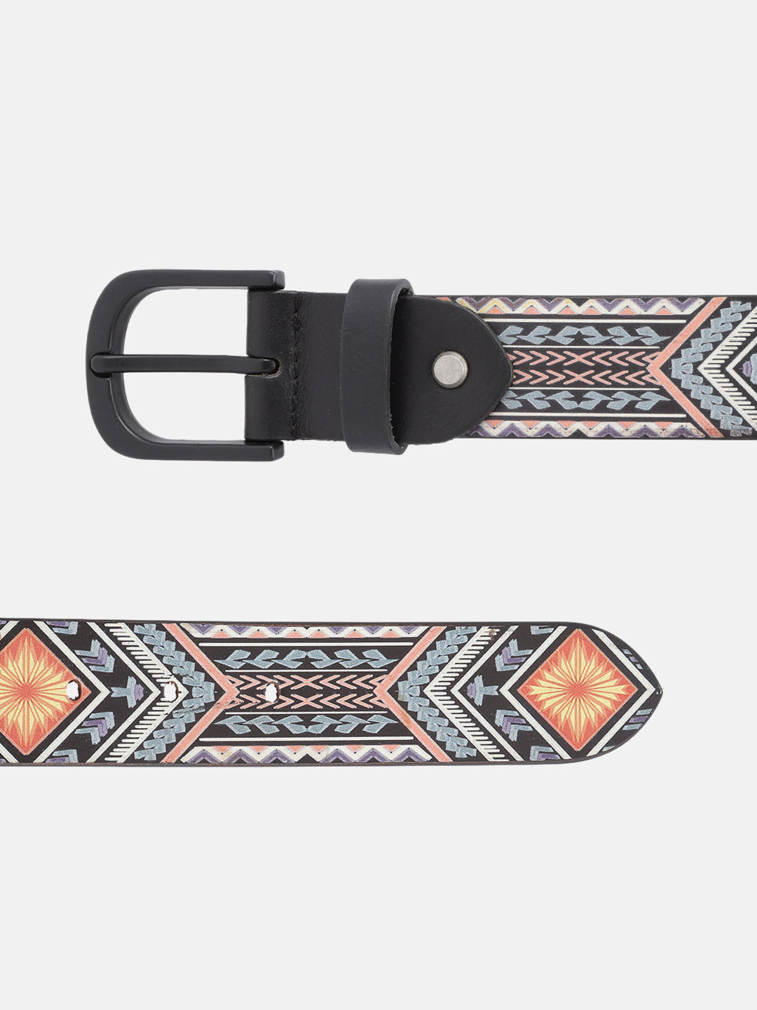 Men Genuine Leather Tribal Geometric Multicolor Waist Accessory Matte Buckle