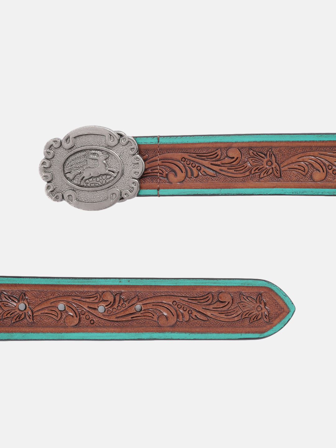 Premium Genuine Leather Embossed Floral Brown Teal Western Waist Accessory Antique Buckle