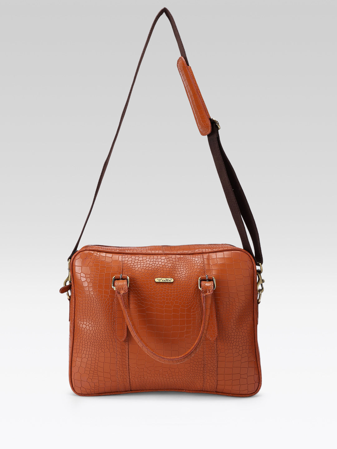 Premium Croc-Textured Black Leather Office Laptop Bag with Adjustable Shoulder Strap