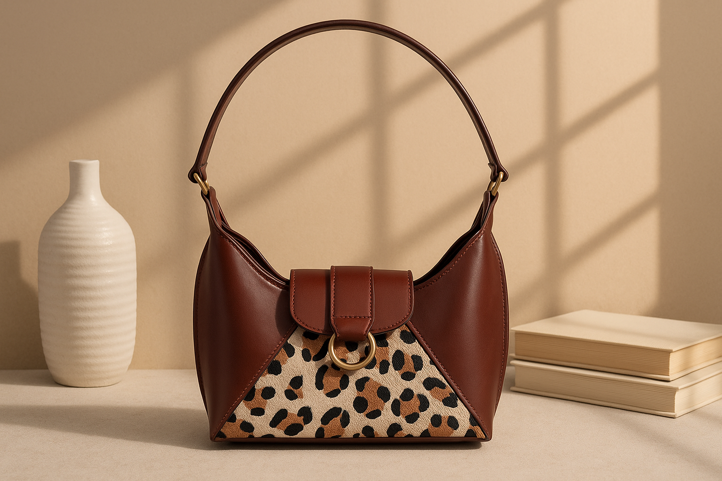 Brown Leather Shoulder Bag with Leopard-Print Hairs Panel Elegant & Compact Handbag