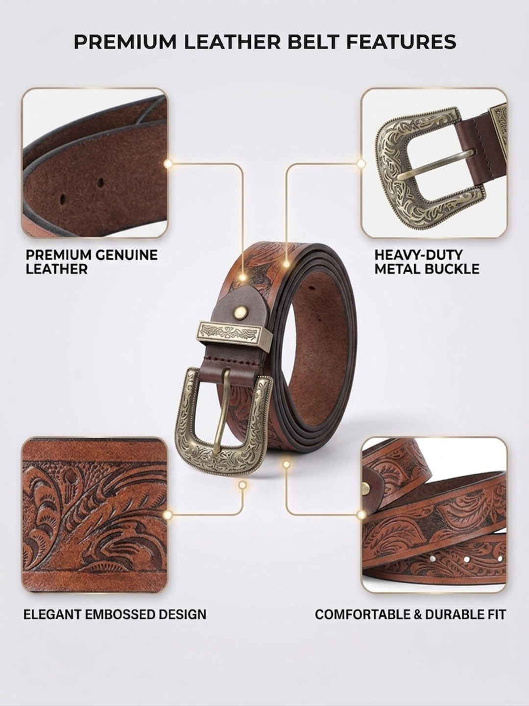 Men Genuine Leather Embossed Black Western Waist Accessory Ornate Buckle Tip