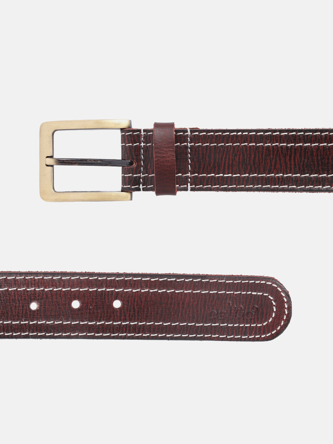 Unisex Genuine Leather Maroon Belt With Contrast Stitching and Brass Buckle