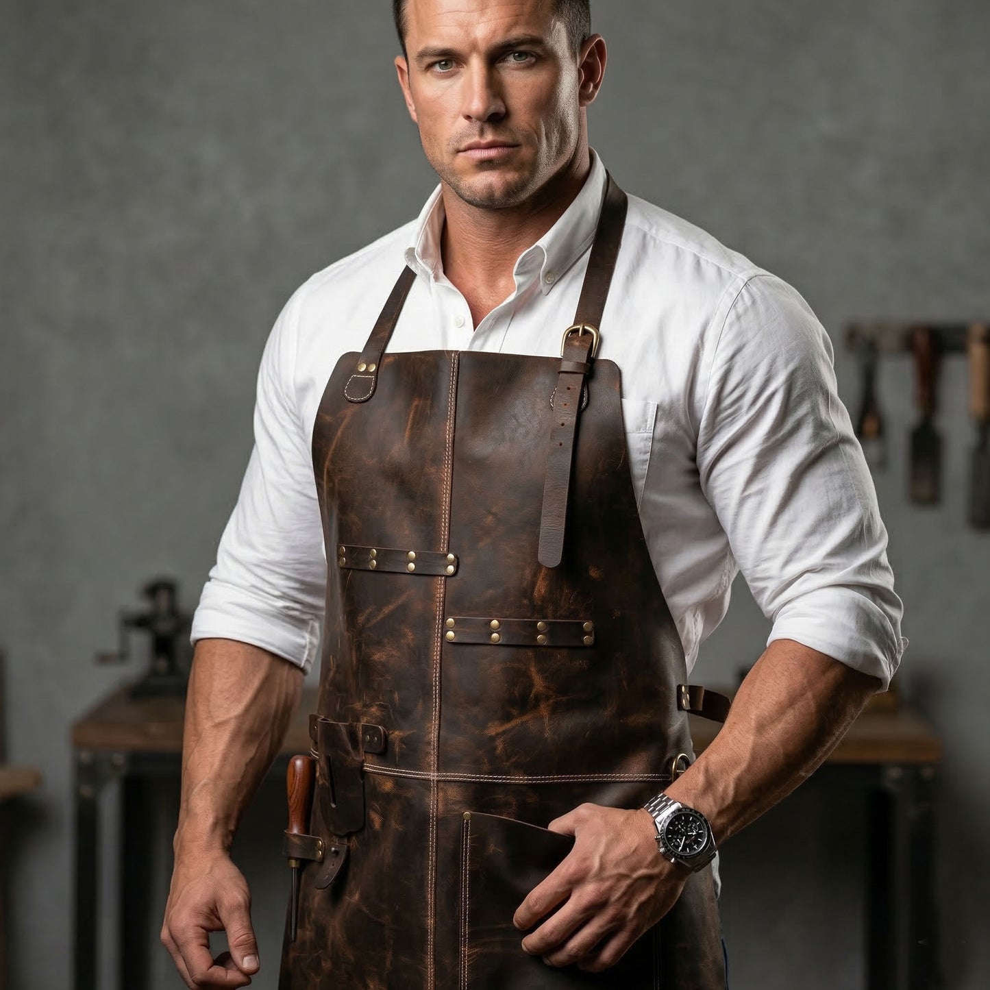 Premium Genuine Leather Brown Bib Apron