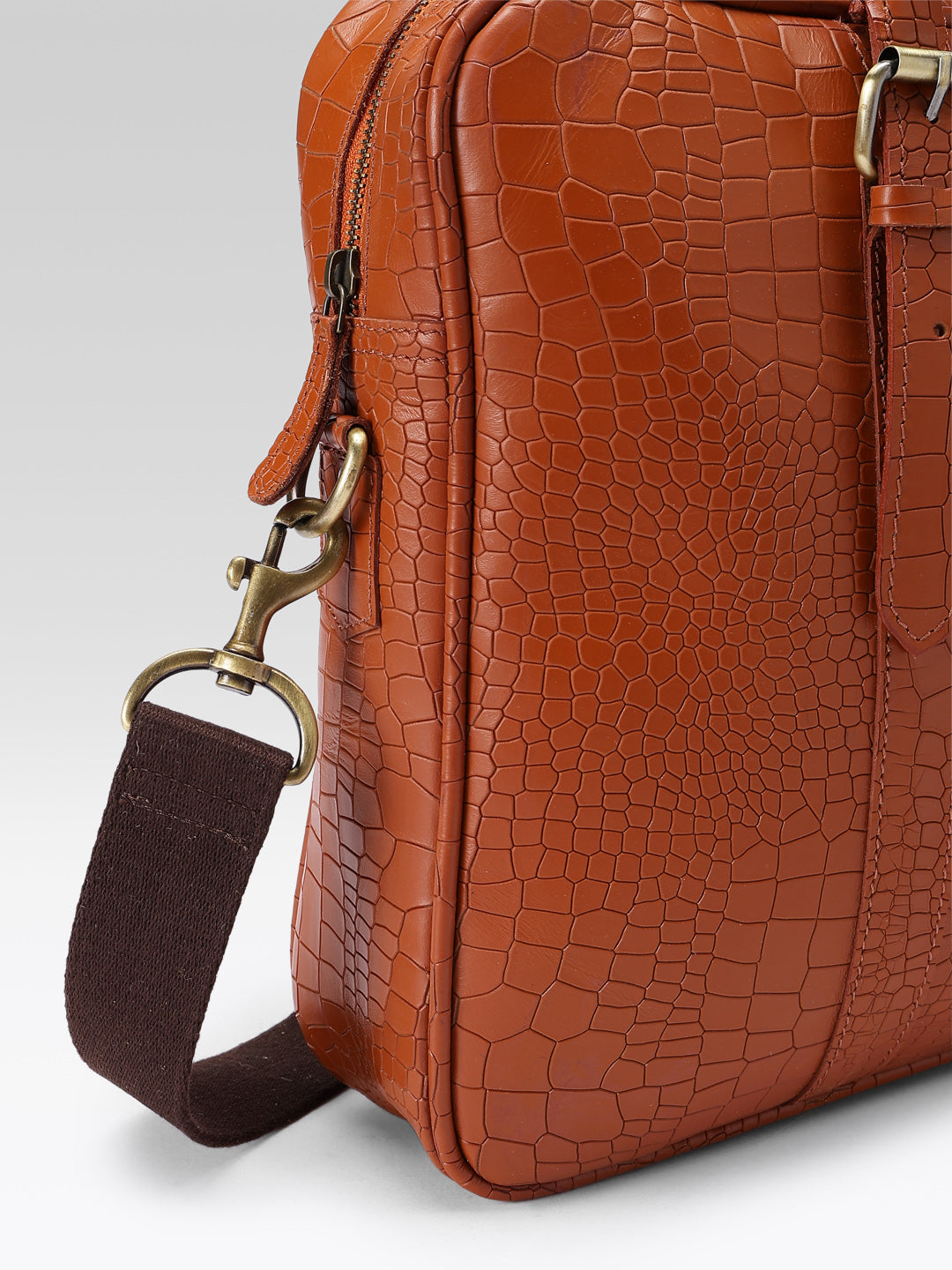 Premium Croc-Textured Black Leather Office Laptop Bag with Adjustable Shoulder Strap