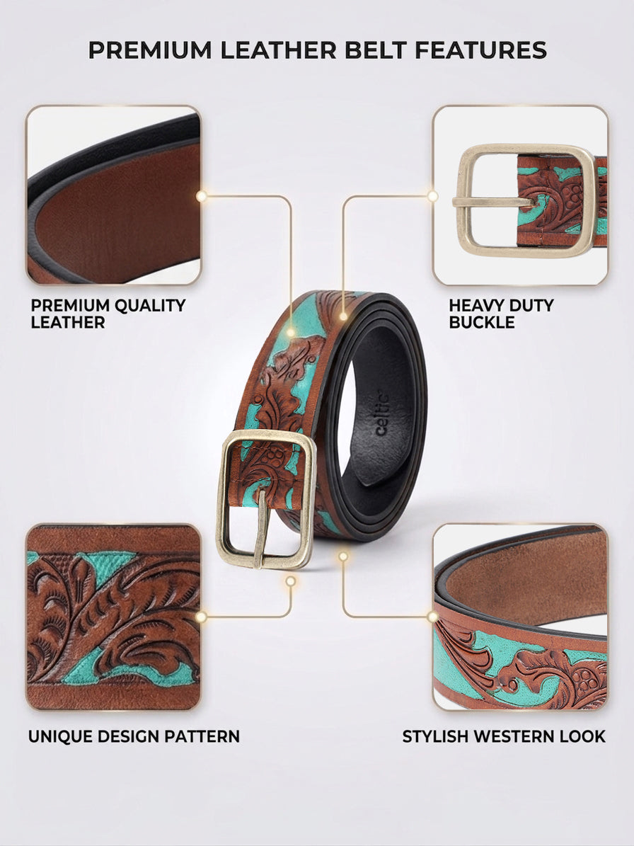 Genuine Leather Embossed Floral Brown Teal Waist Accessory Antique Metal Buckle