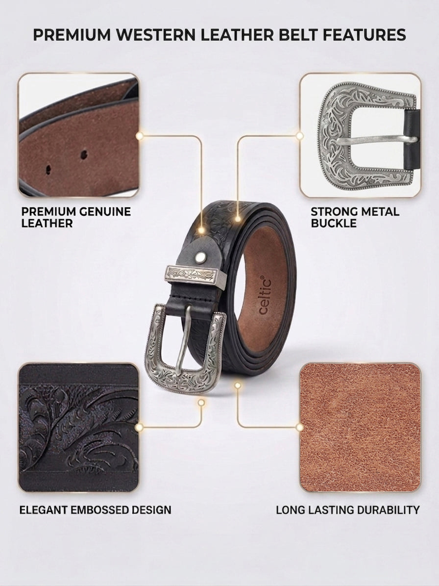 Unisex Genuine Leather Embossed Black Western Waist Accessory Silver Buckle