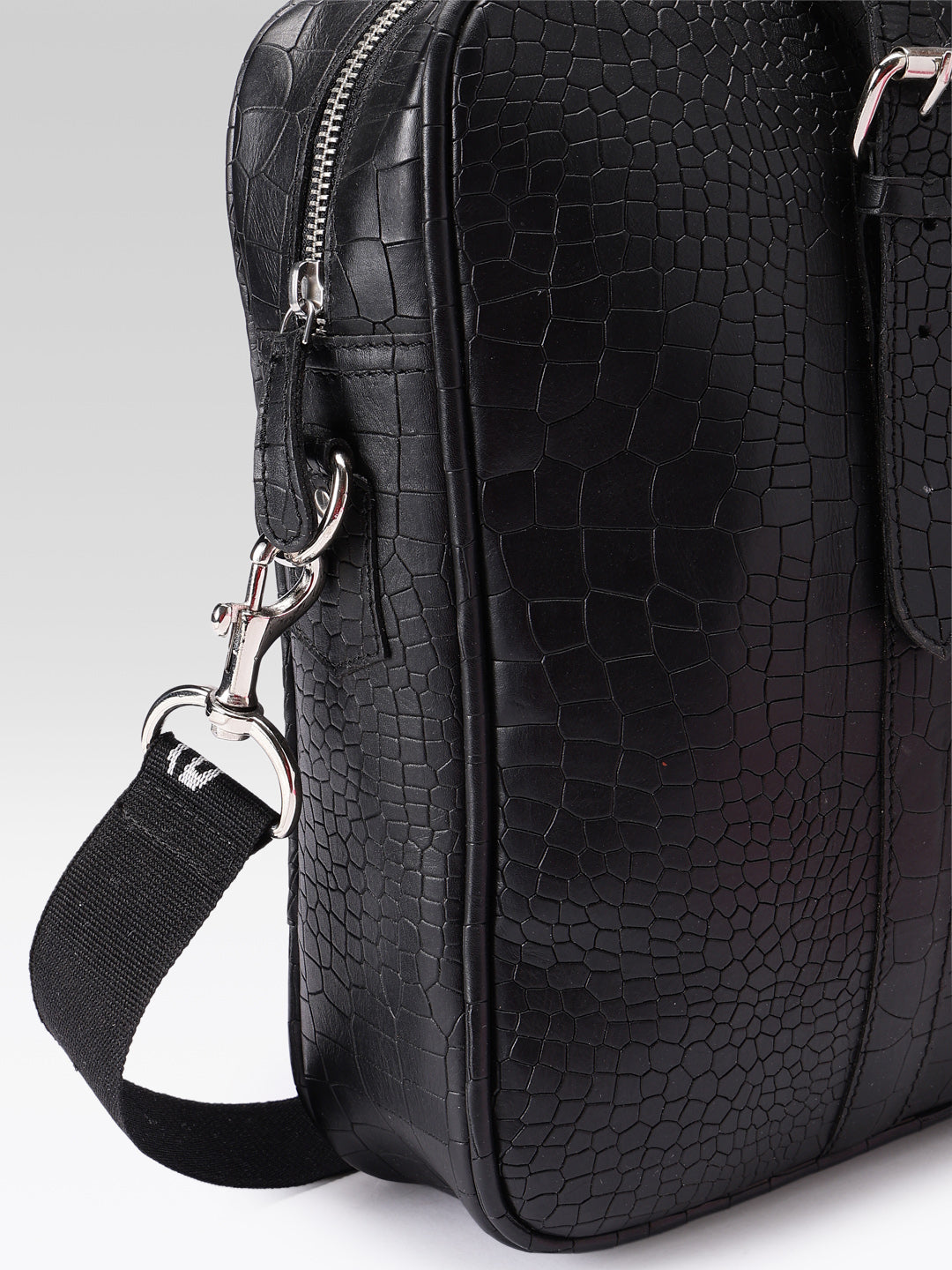 Premium Croc-Textured Black Leather Office Laptop Bag with Adjustable Shoulder Strap
