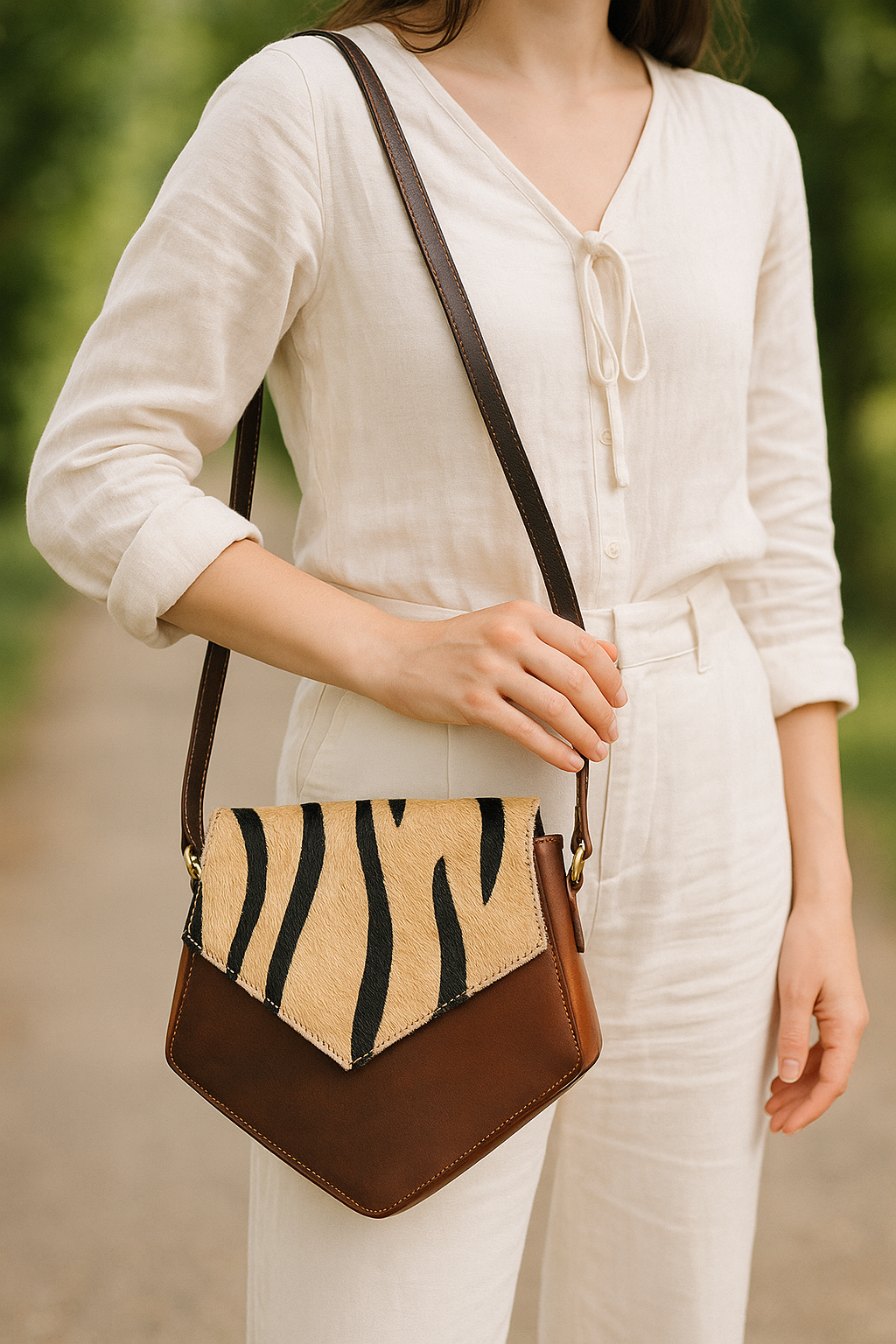 Women’s Leather Sling Bag with Zebra Pattern Flap Brown Crossbody Shoulder Bag