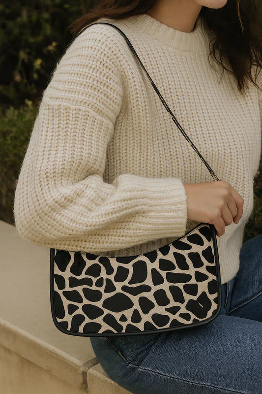 Zebra Print Hair-On Leather Baguette Shoulder Bag with Zip Closure & Inner Pocket