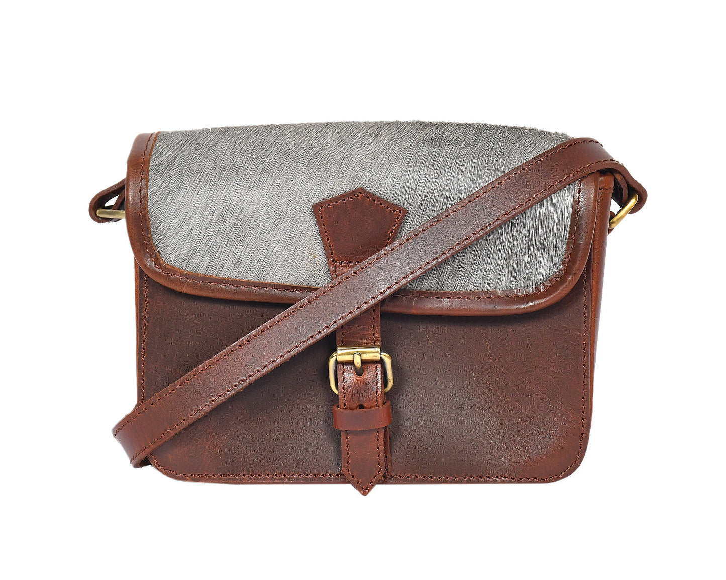  brown color leather with grey hair on leather sling bag for women and girls | Party wear . - INDIA