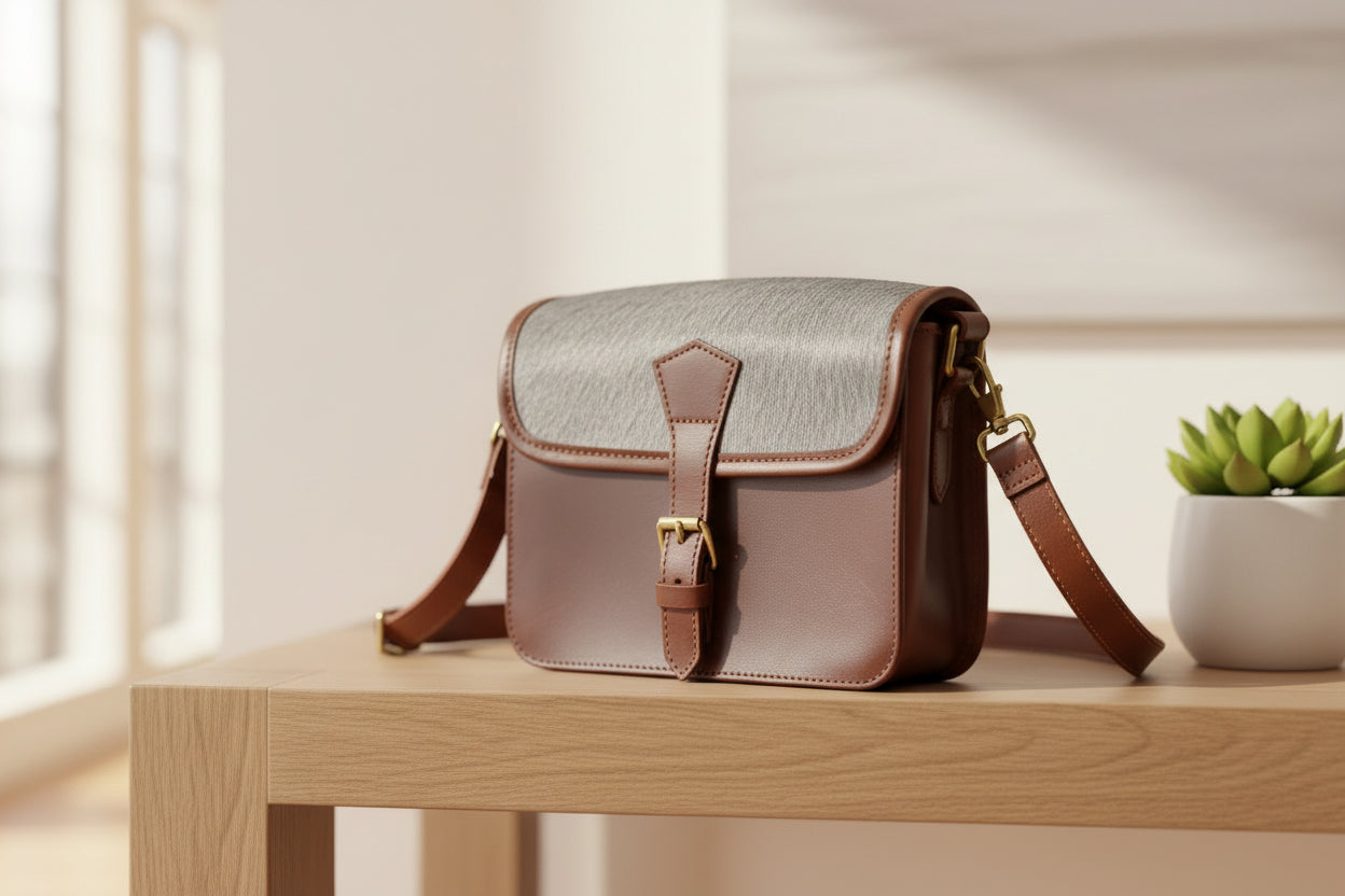  brown color leather with grey hair on leather sling bag for women and girls | Party wear . - INDIA