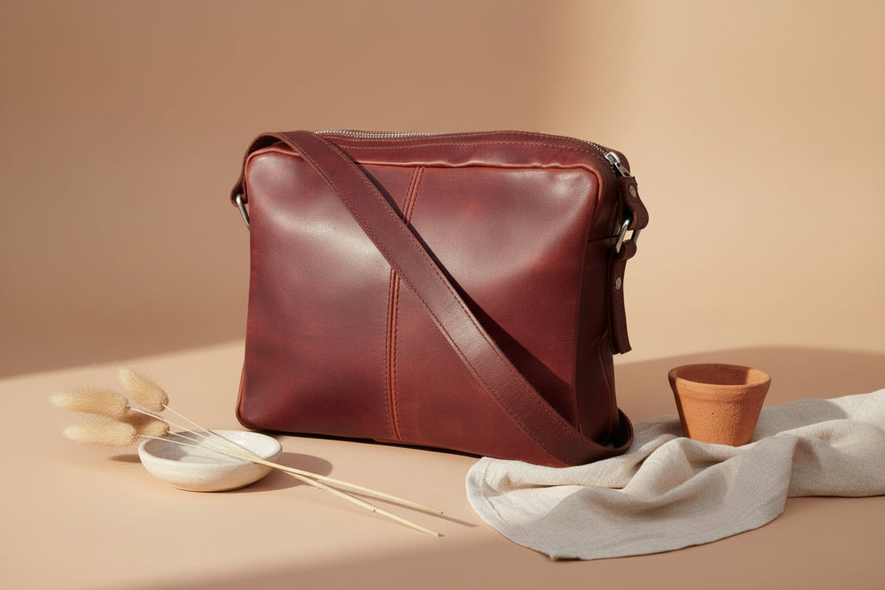  Buff Premium Leather Compact Shoulder Satchel Bag For Men With Extra Storage and Durable Build Quality (Brown) - INDIA