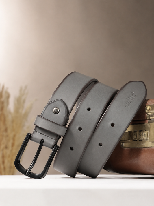 Unisex Genuine Leather Grey Waist Accessory Matte Metal Buckle Formal Casual Wear