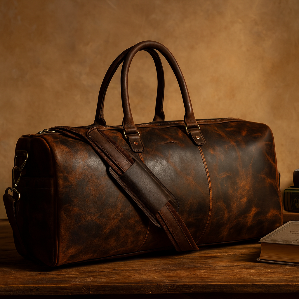 Premium Vintage Leather Travel Duffel Bag |Large Weekender with Shoulder Strap