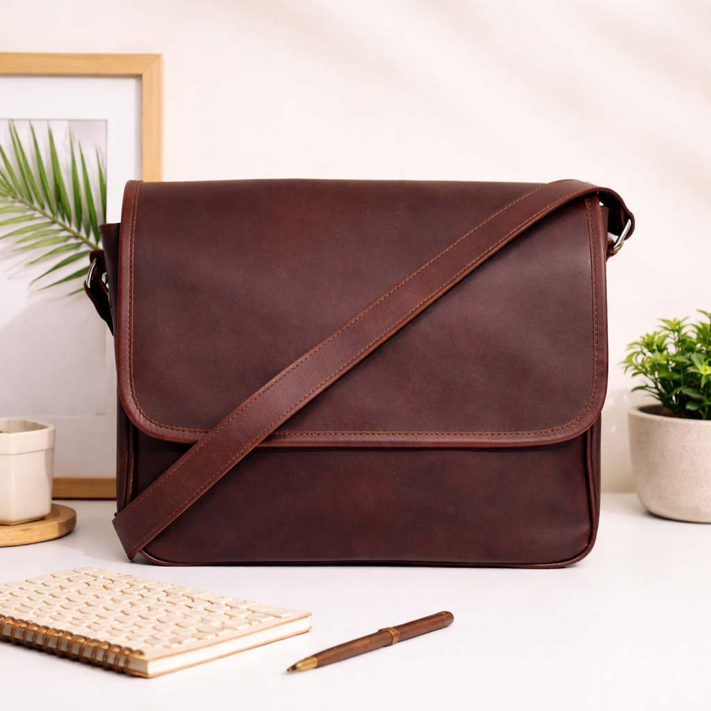 Classic Full-Grain Leather Messenger Bag with Flap Closure for Everyday Carry