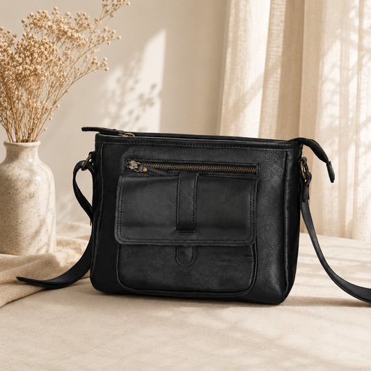 Classic Black Leather Crossbody Sling Bag with Front Pocket & Zip Closure