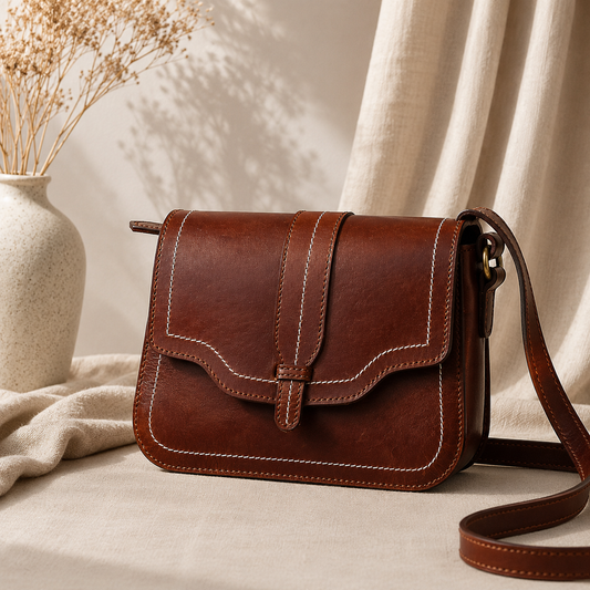 Premium Genuine Leather Crossbody Bag with Front Flap & White Stitch Detailing