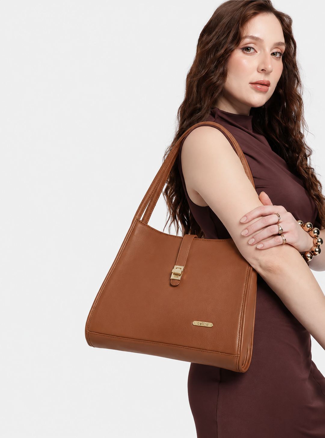 Premium Leather Shoulder Handbag with Lock Closure, Zip Compartments