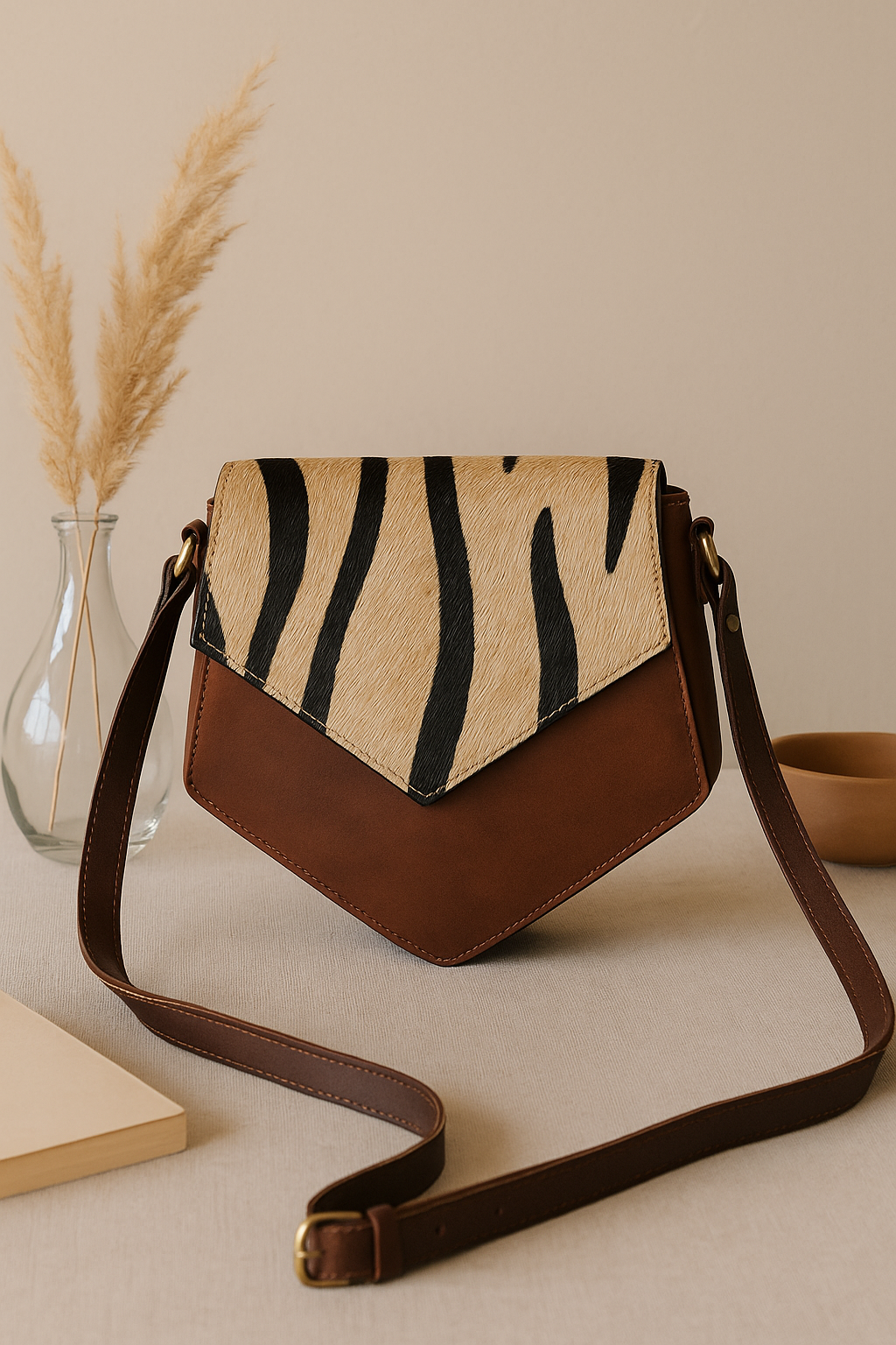 Women’s Leather Sling Bag with Zebra Pattern Flap Brown Crossbody Shoulder Bag
