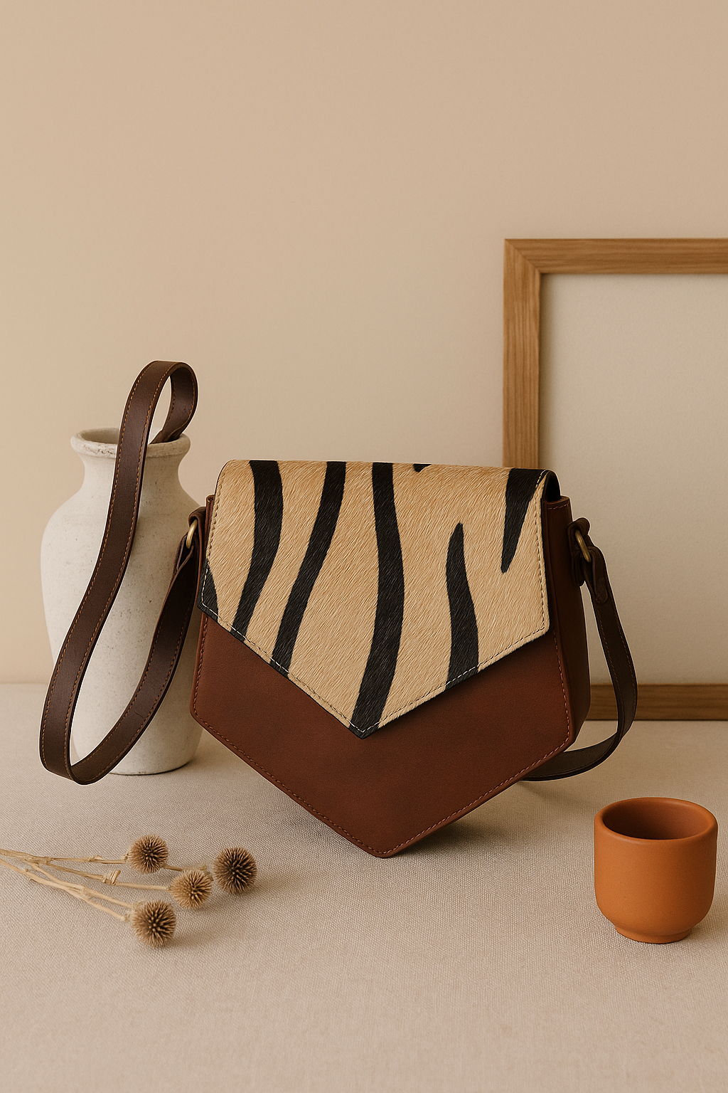 Women’s Leather Sling Bag with Zebra Pattern Flap Brown Crossbody Shoulder Bag