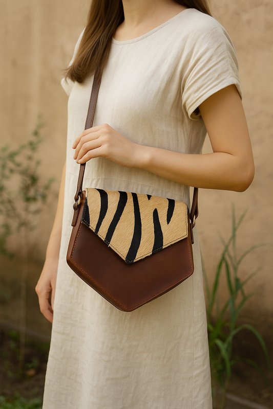 Women’s Leather Sling Bag with Zebra Pattern Flap Brown Crossbody Shoulder Bag