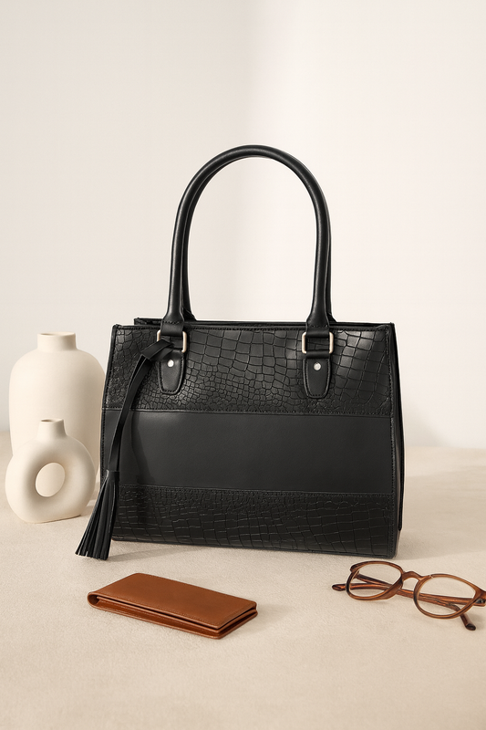 Premium Black Croc-Textured Leather Structured Handbag – Top Handle Purse Art:-BG-1654
