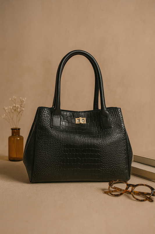 Premium Genuine Leather Croc-Textured Black Handbag with Top Handles