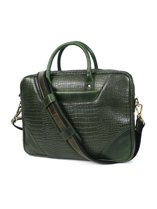 Green Croco Texture Leather Laptop Bag | Elegant and  Durable Office Carry with Strap Art: BG-1536-GREEN
