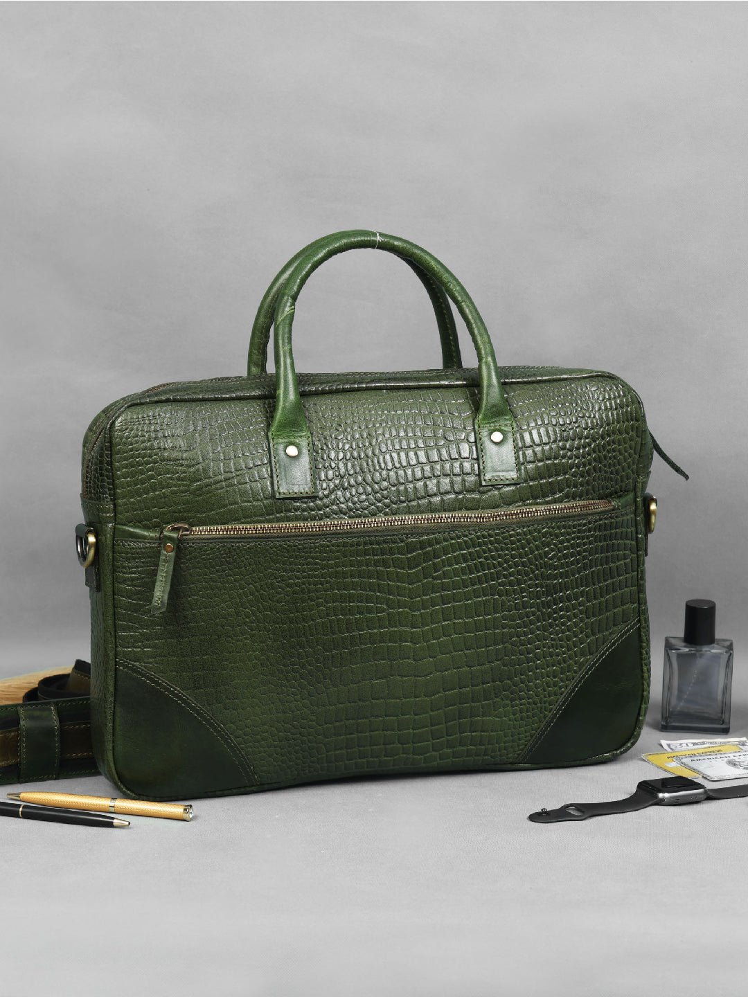 Green Croco Texture Leather Laptop Bag | Elegant and  Durable Office Carry with Strap Art: BG-1536-GREEN