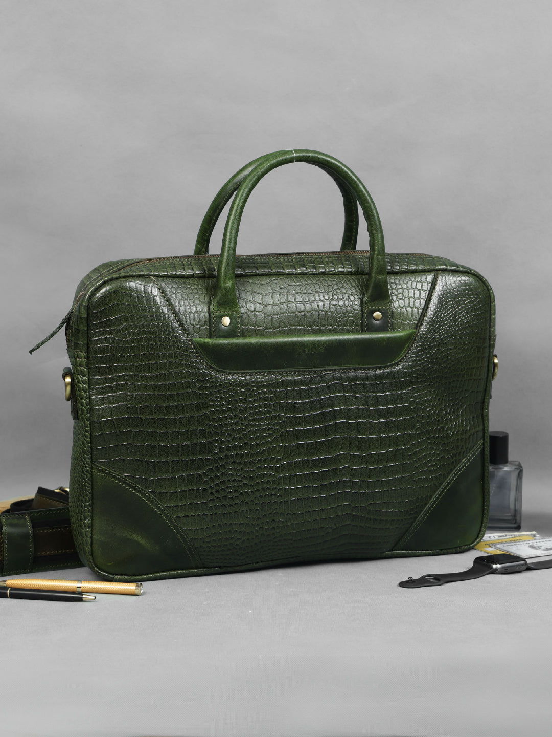 Green Croco Texture Leather Laptop Bag | Elegant and  Durable Office Carry with Strap Art: BG-1536-GREEN