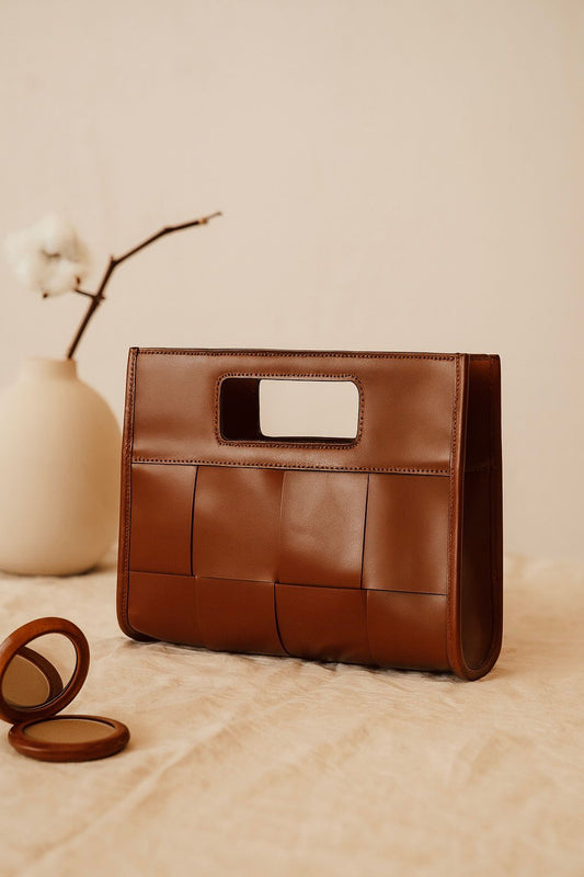 Brown Woven Leather Clutch Bag Elegant Handcrafted Design