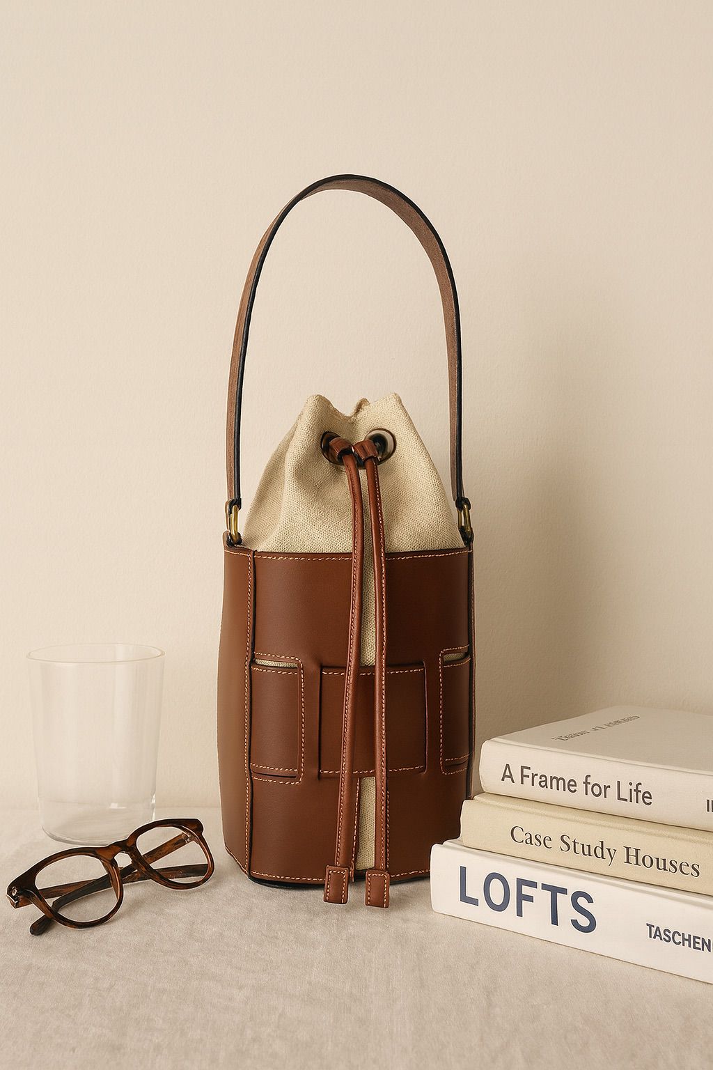 Brown Leather Bucket Bag with Shearling Interior – Stylish & Durable