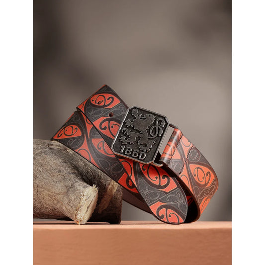 Men Genuine Leather Red Black Tribal Scroll Waist Belt with Antique Emblem Buckle