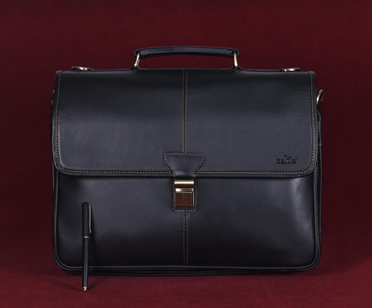 Handcrafted Black Laptop Bag: Brush Antique Fittings, Tan Stitching, and Unmatched Sophistication - CELTICINDIA