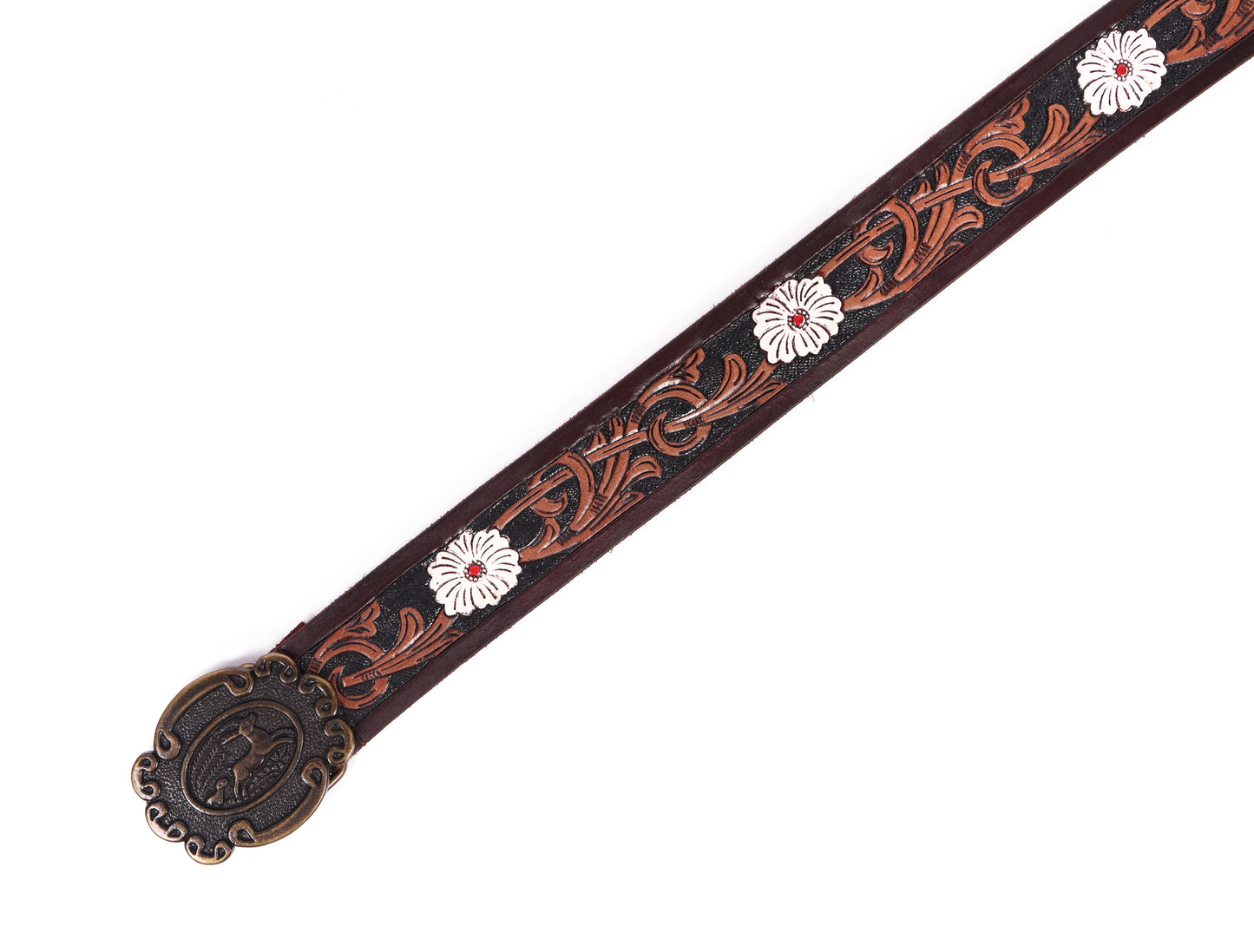 Artisan Brown Leather Tooling Belt: Animal-Inspired Buckle and Floral Accents. - CELTICINDIA
