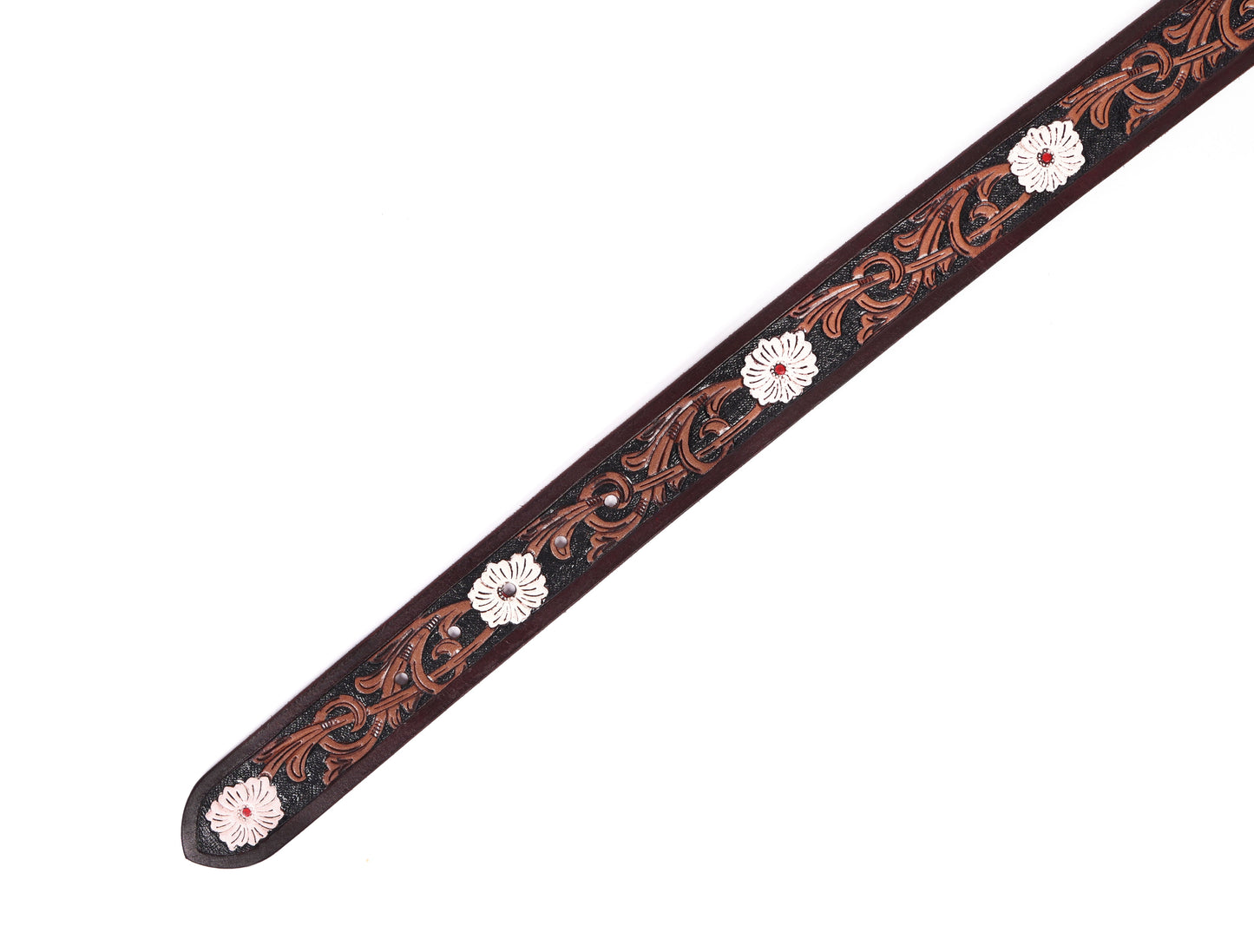 Artisan Brown Leather Tooling Belt: Animal-Inspired Buckle and Floral Accents. - CELTICINDIA