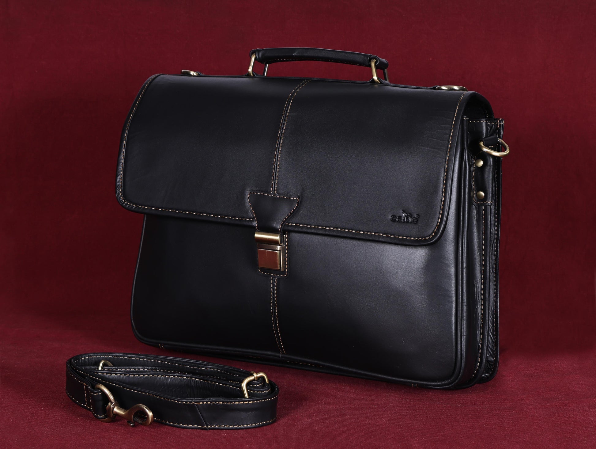 Handcrafted Black Laptop Bag: Brush Antique Fittings, Tan Stitching, and Unmatched Sophistication - CELTICINDIA