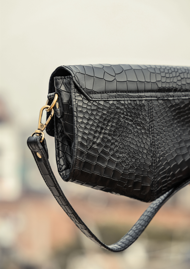 Chic Elegance: Black Deep Croco Leather Crossbody Bag. - CELTICINDIA